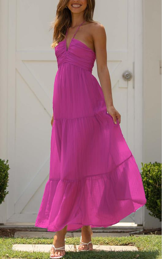 V-neck Brace Long Stitching Dress Elegant Shoulder-baring Sleeveless Hanging