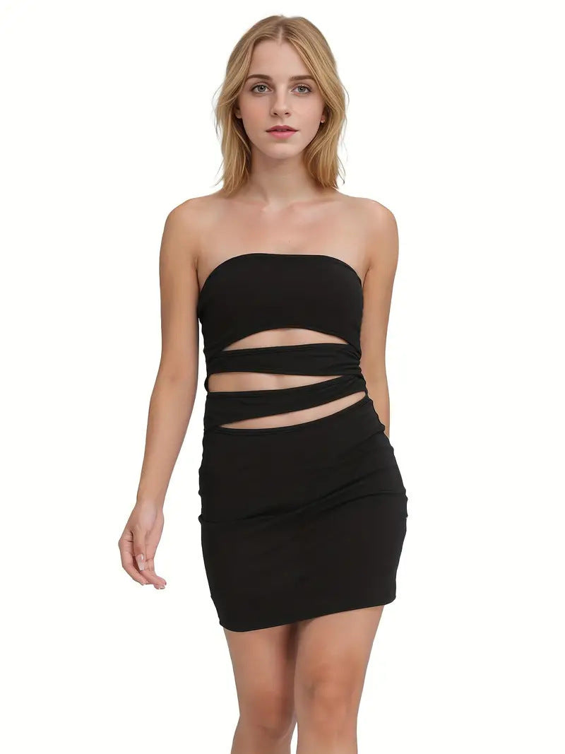 Summer Solid Color Sleeveless Cold-shoulder Tube Top Hollow Women's Dress