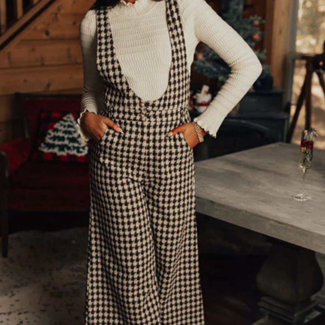 Women's Printed Plaid Loose Suspender Wide-leg Trousers For Autumn And Winter