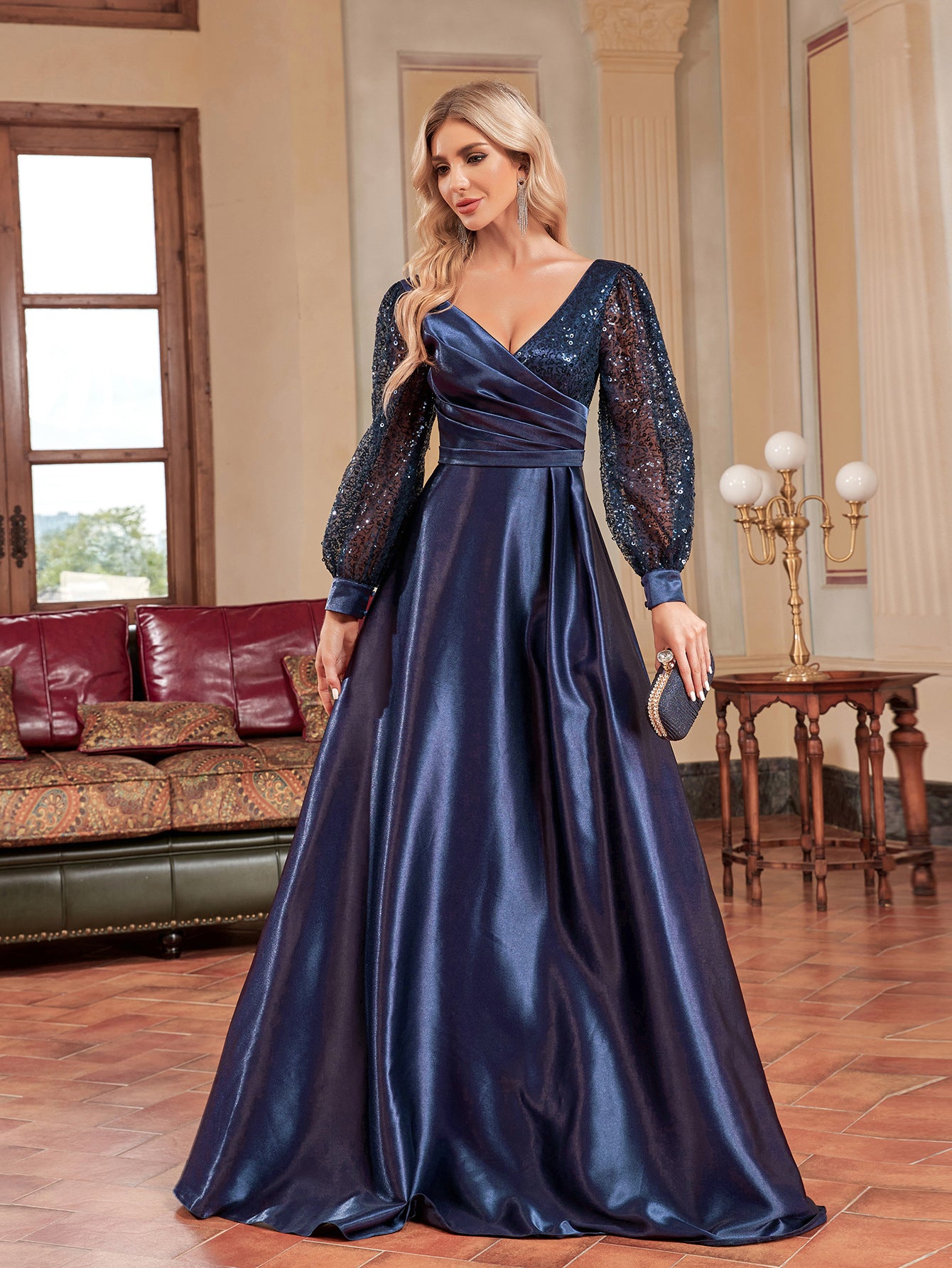 V-neck Long-sleeve Dress Slim Fishtail Sequin Banquet