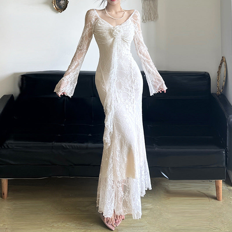 French Elegant Three-dimensional Rose Dress Women