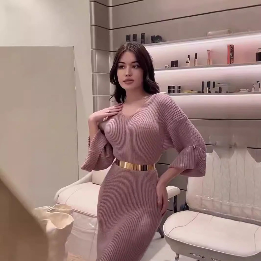 Knitted Pullover V-neck Long Slim Fit Dress