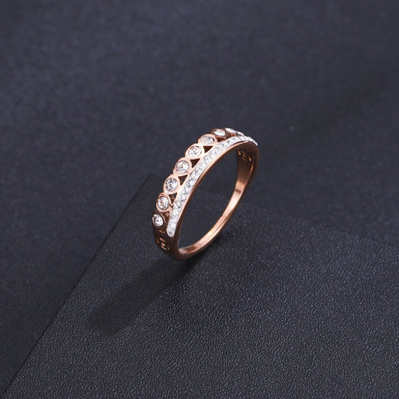 Titanium Steel Rose Gold Full Diamond Ring Women