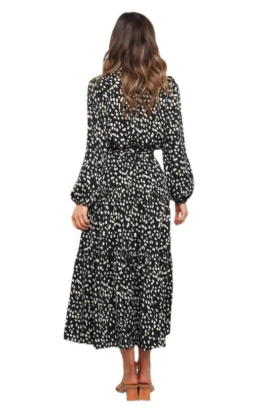 Autumn V-neck Leopard Print Long-sleeved Loose Dress Long Dress Women