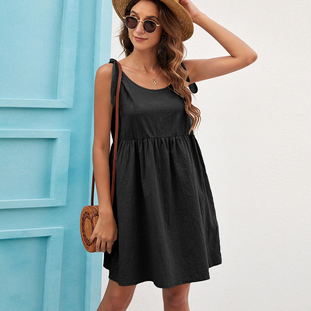 Casual Lace-up Doll Skirt Cotton And Linen Dress