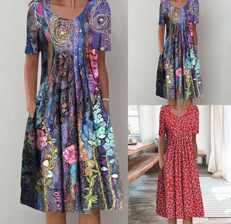 Printed Short Sleeve Round Neck Dress