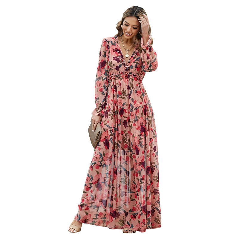 Floral Floral Dress Women Deep V-neck Ruffled Puff Sleeve Skirt