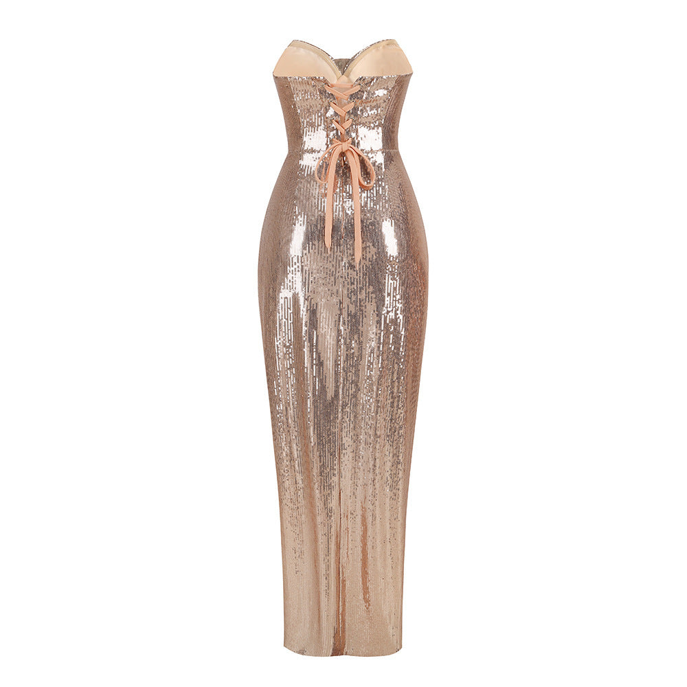 Women's Sexy Sequins Backless Dress Sequin Slim Fit Slit Irregular Dress