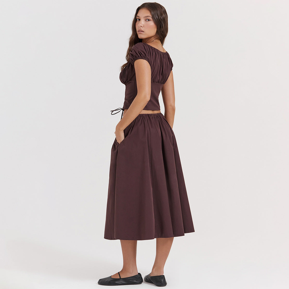 Square Collar Puff Sleeve Short Midriff-baring Top Skirt Suit