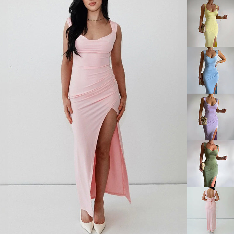 Sleeveless Slit Dress With Back Tie Design