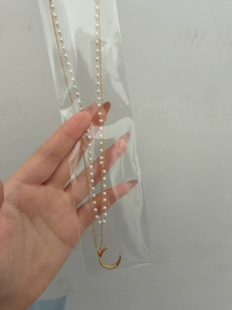 Multi-layer Crescent-shaped Pearl Zircon-inlaid Pendant Necklace