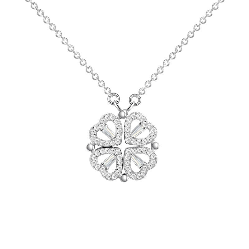 Dual-wear-style Love Heart Flowers Heart-shaped Four-leaf Clover Necklace