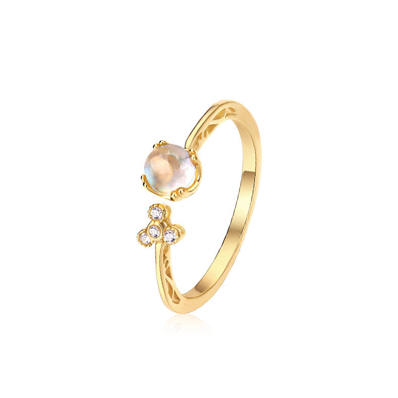 Women's Sterling Silver Natural Moonstone Openwork Diamond Ring
