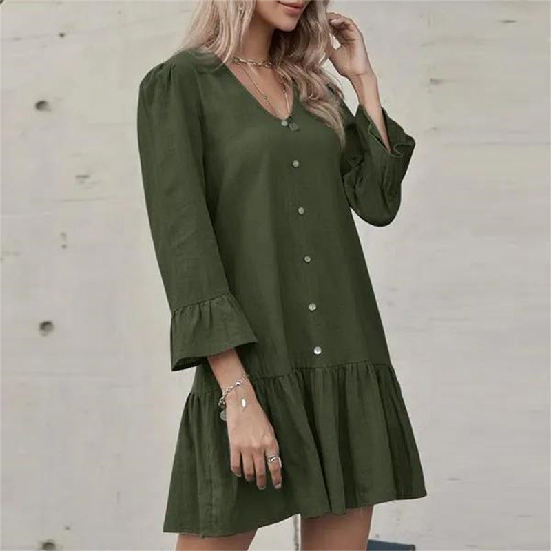 Women's Button Pleated Bell Sleeve Cotton And Linen Dress