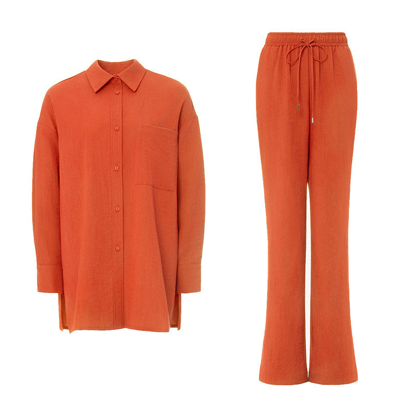 Women's Casual Loose Shirt High Waist Trousers Two Piece Set