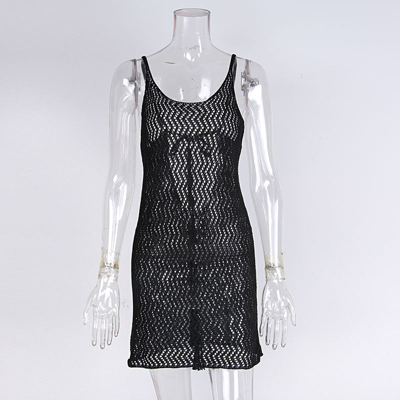 Hollow Suspender Dress Solid Color Sun Protection Holiday Blouse