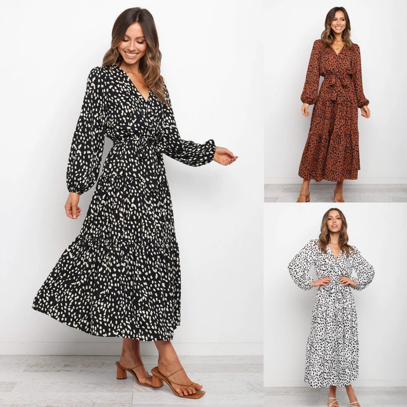 Autumn V-neck Leopard Print Long-sleeved Loose Dress Long Dress Women