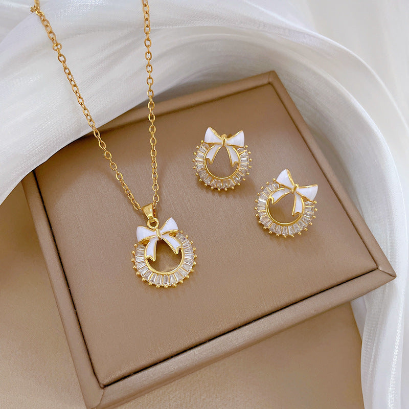 Micro-inlaid Necklace And Earrings Suite Light Luxury Ring Bow