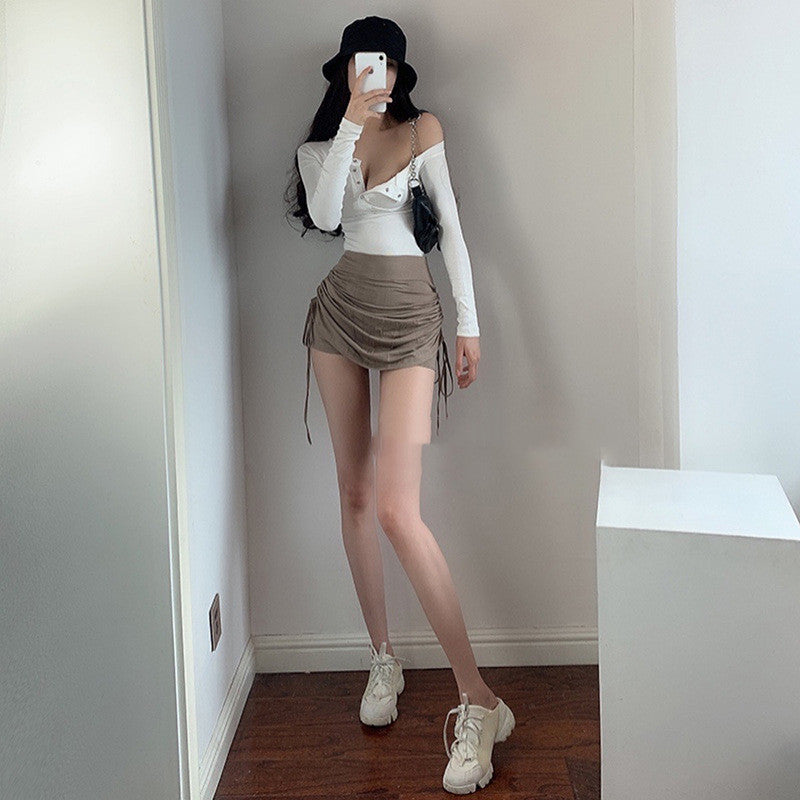 Sexy Pleated Drawstring Slimming Irregular High-waisted Culottes With Straps