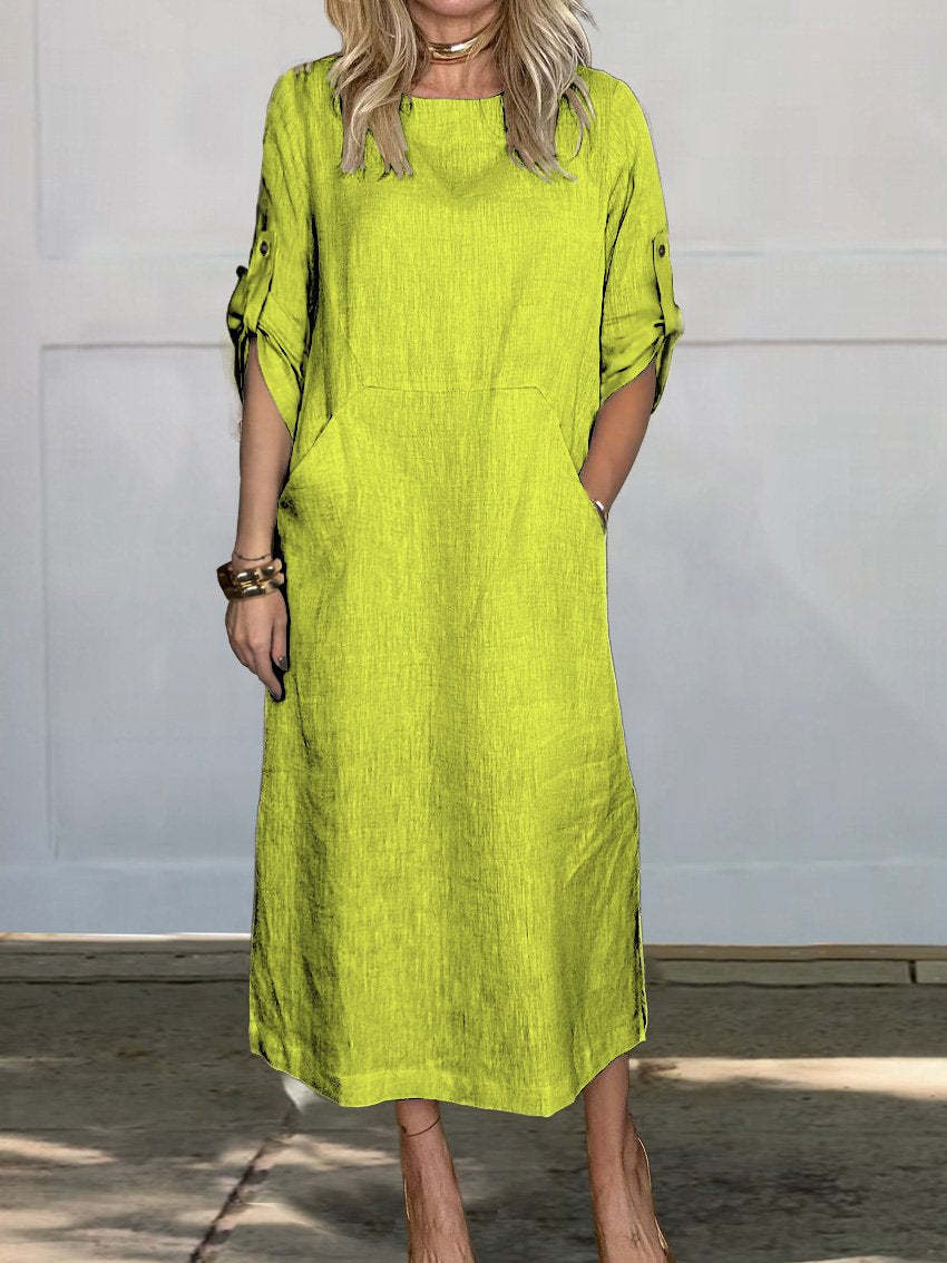 Women's Cotton And Linen Solid Color Casual Round-neck Long Dress