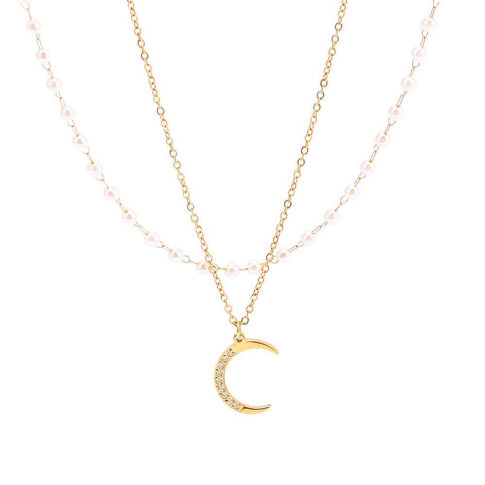 Multi-layer Crescent-shaped Pearl Zircon-inlaid Pendant Necklace