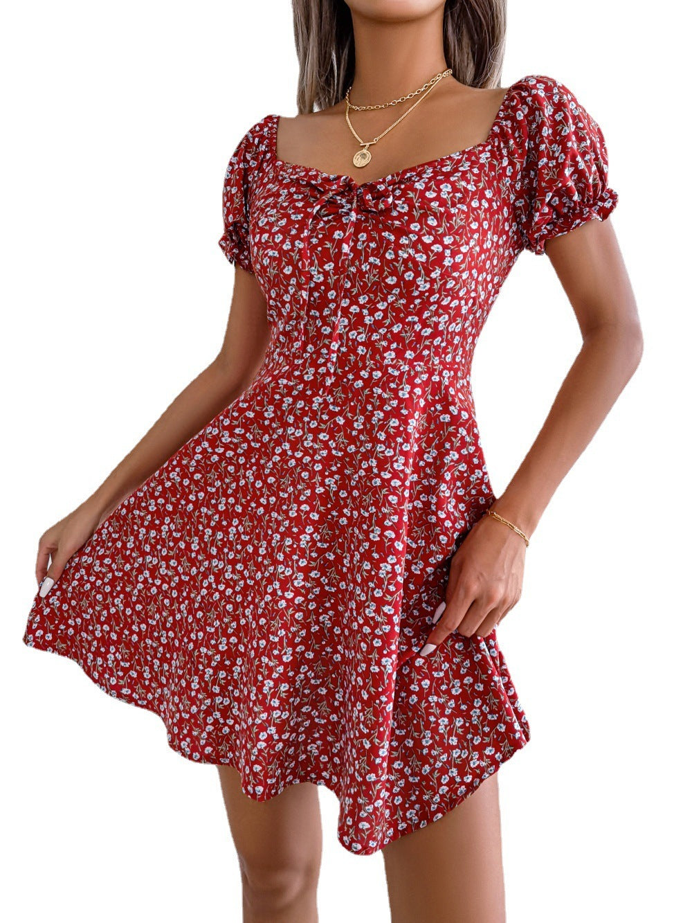 Flared Sleeve Drawstring Lace Floral Print Large Swing Dress