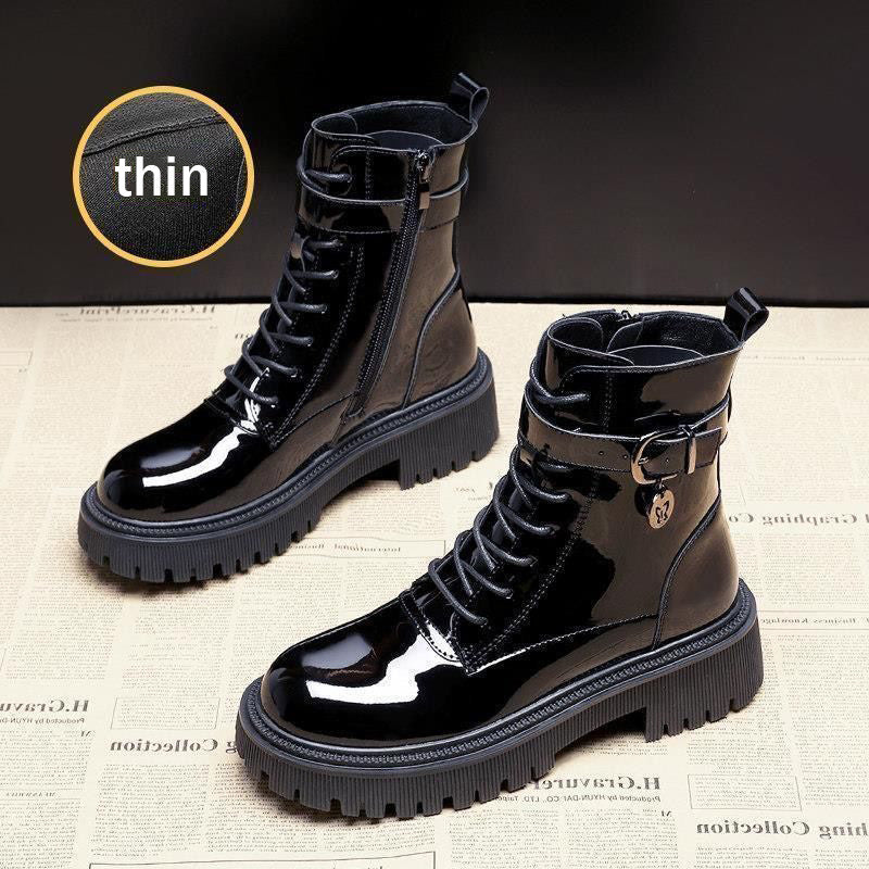 Block-heeled Mid-tube Patent Leather Boots