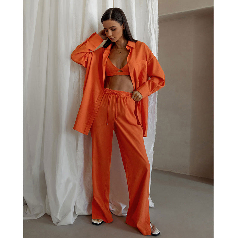 Women's Casual Loose Shirt High Waist Trousers Two Piece Set