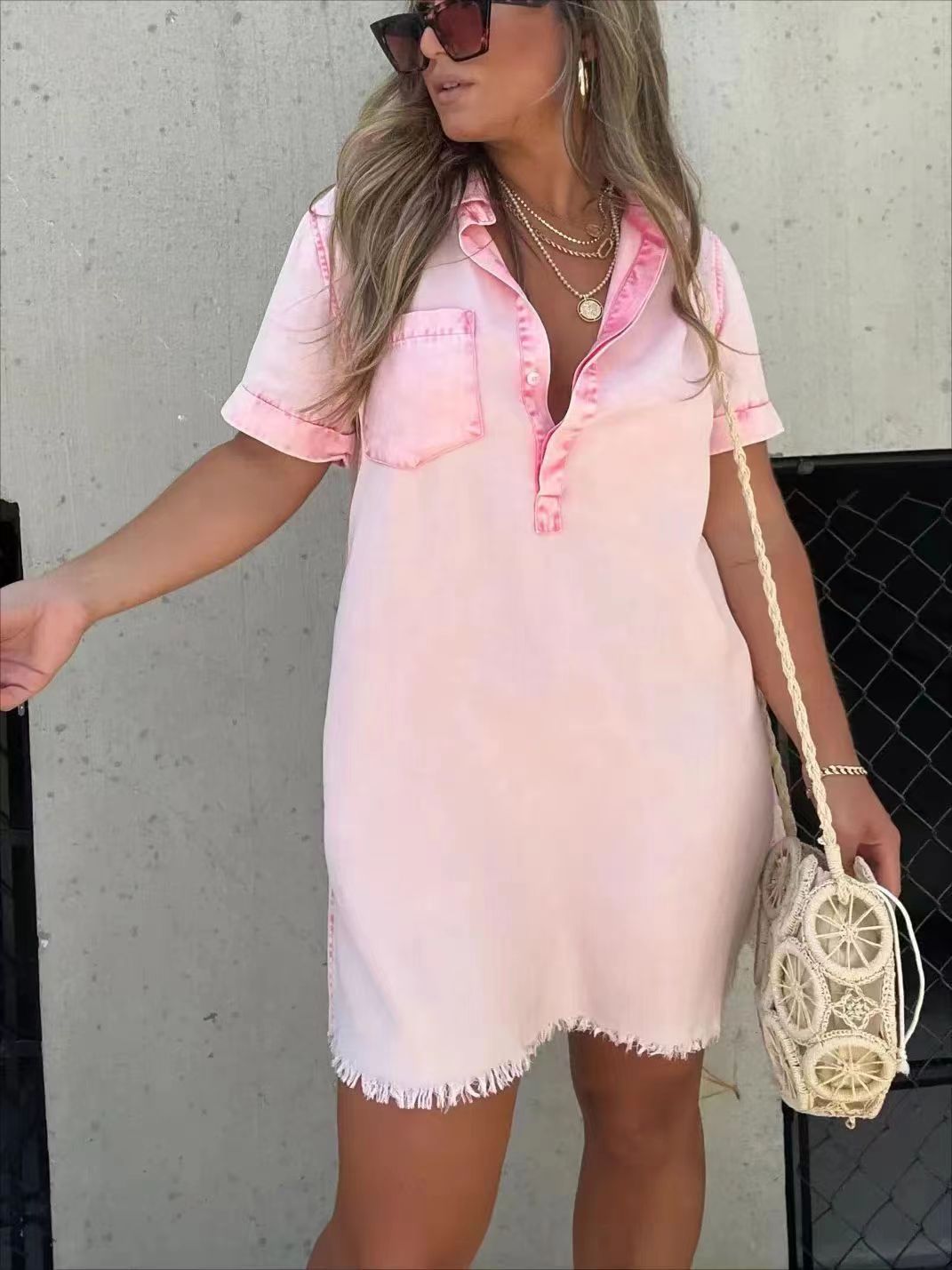 Casual Polo Collar Short Sleeve Denim Skirt Women's Retro Style Commuter Dress