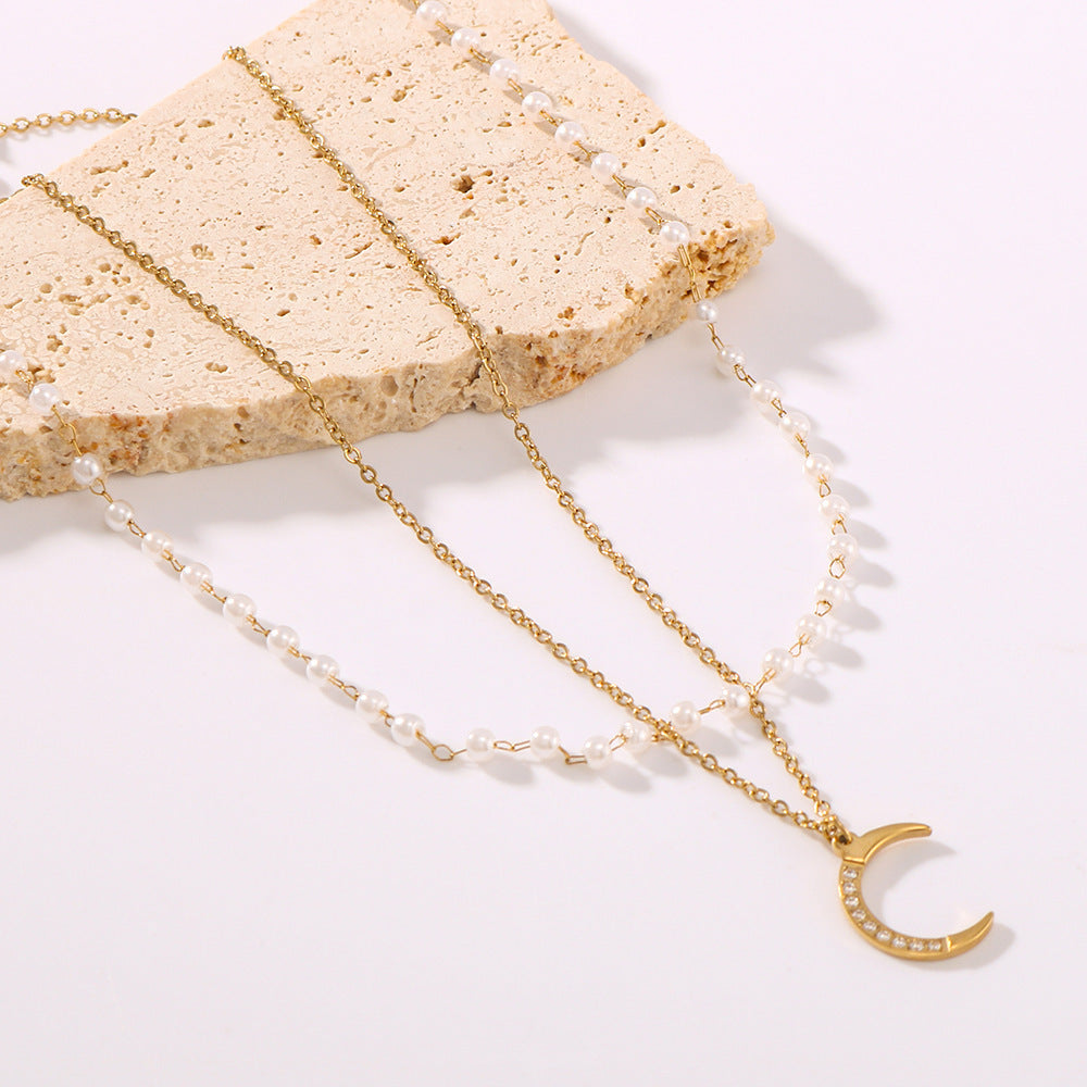 Multi-layer Crescent-shaped Pearl Zircon-inlaid Pendant Necklace