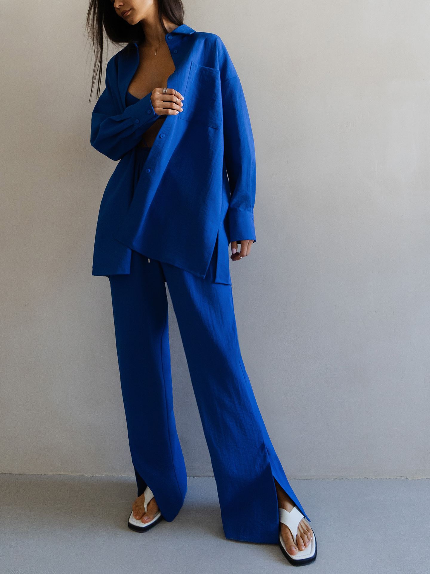 Women's Casual Loose Shirt High Waist Trousers Two Piece Set