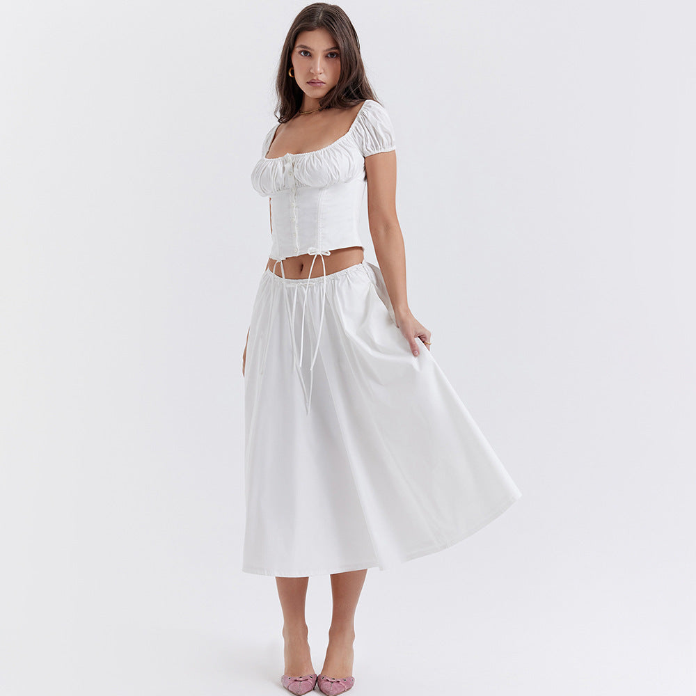 Square Collar Puff Sleeve Short Midriff-baring Top Skirt Suit