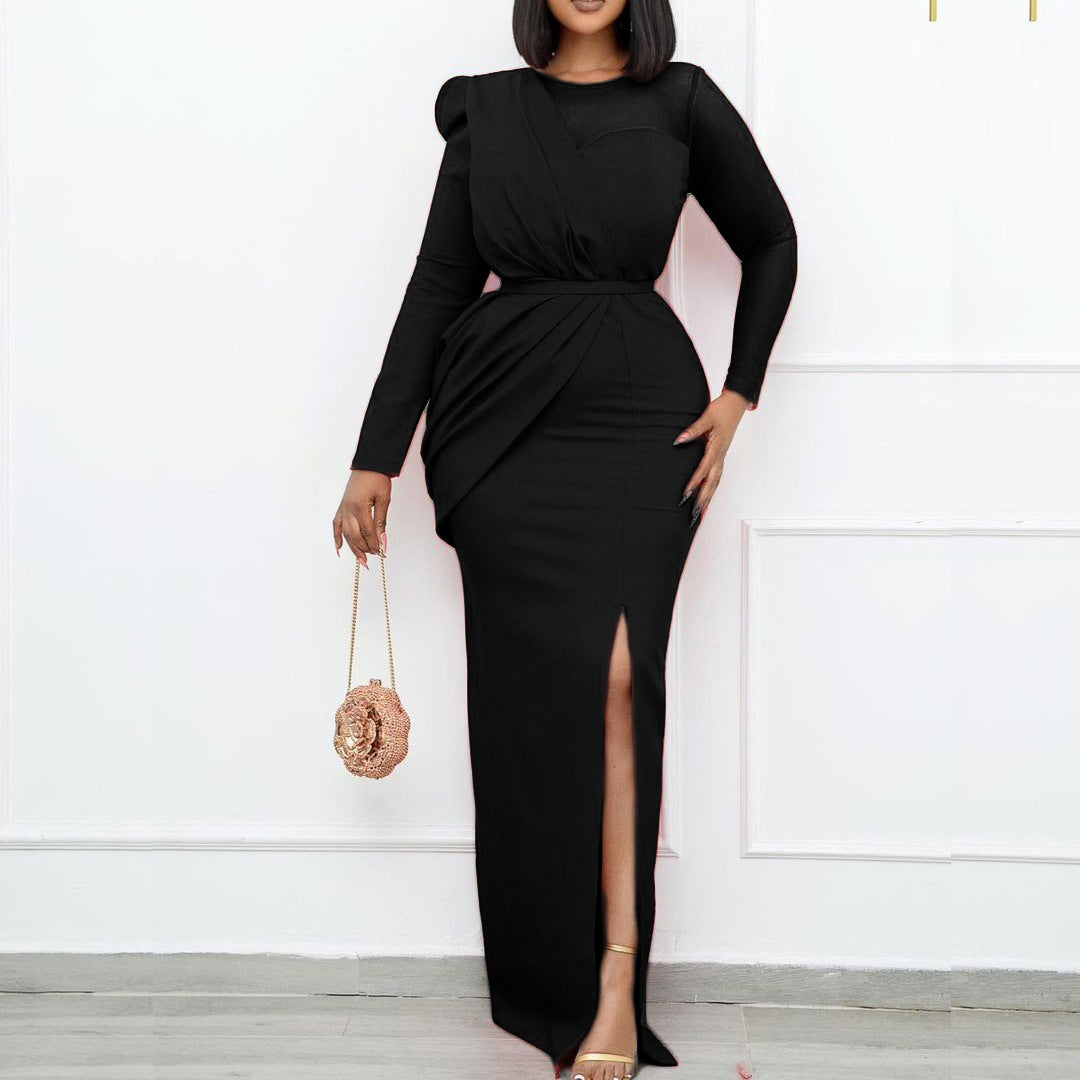 Women's Mesh Stitching Solid Color Long Dress