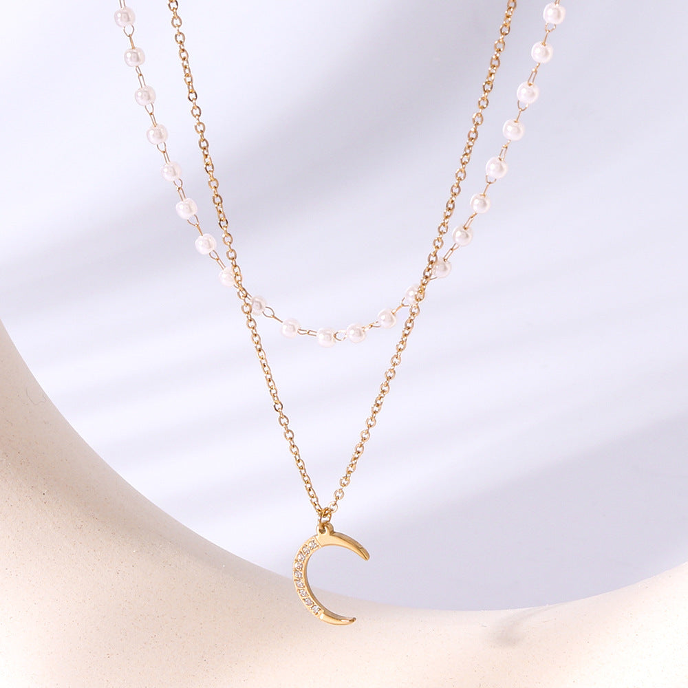 Multi-layer Crescent-shaped Pearl Zircon-inlaid Pendant Necklace