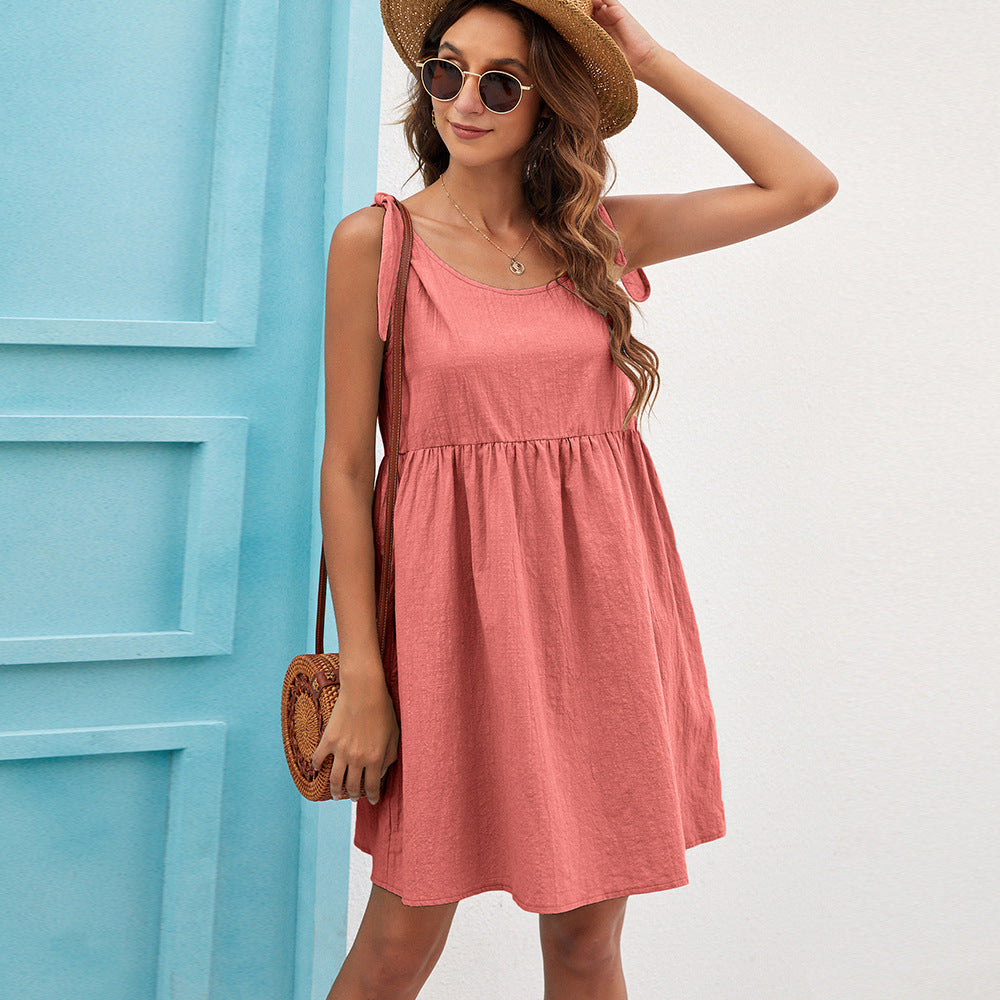 Casual Lace-up Doll Skirt Cotton And Linen Dress