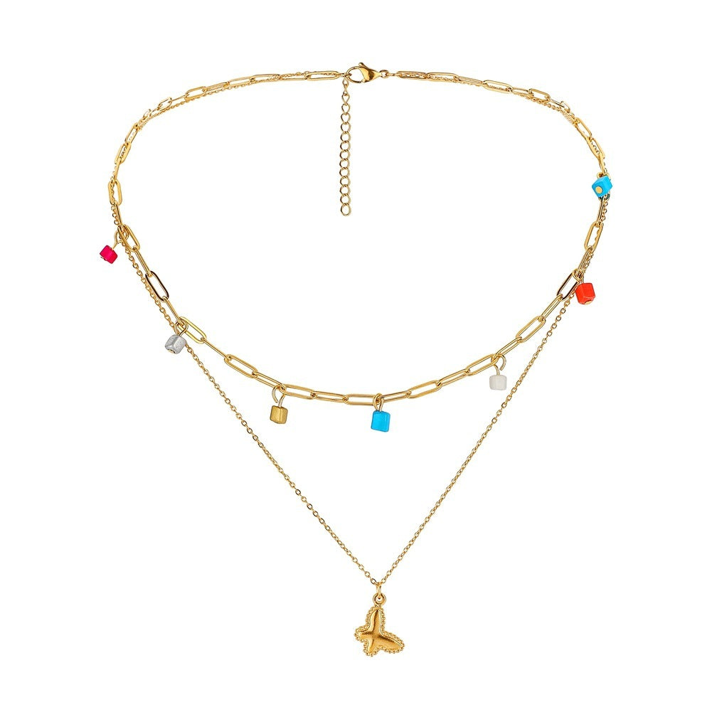 New Stainless Steel Colorful Bead Necklace Double Clavicle Chain Simple And Fashionable Butterfly Pendant