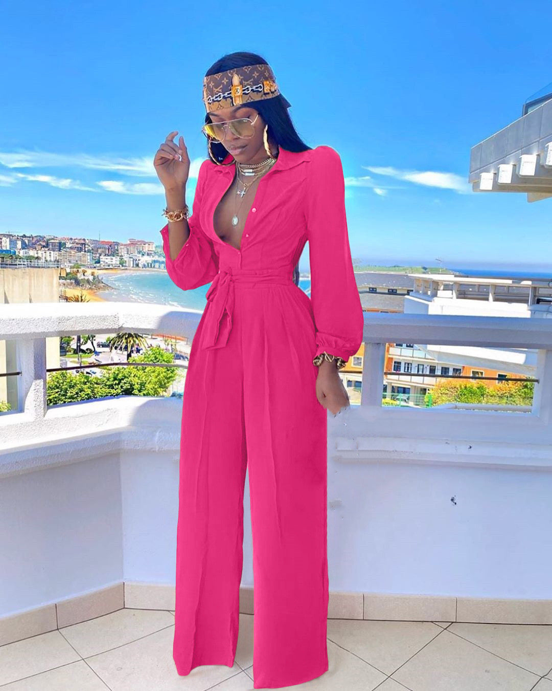 Fashion Solid Color Casual Shirt Collar Jumpsuit With Belt