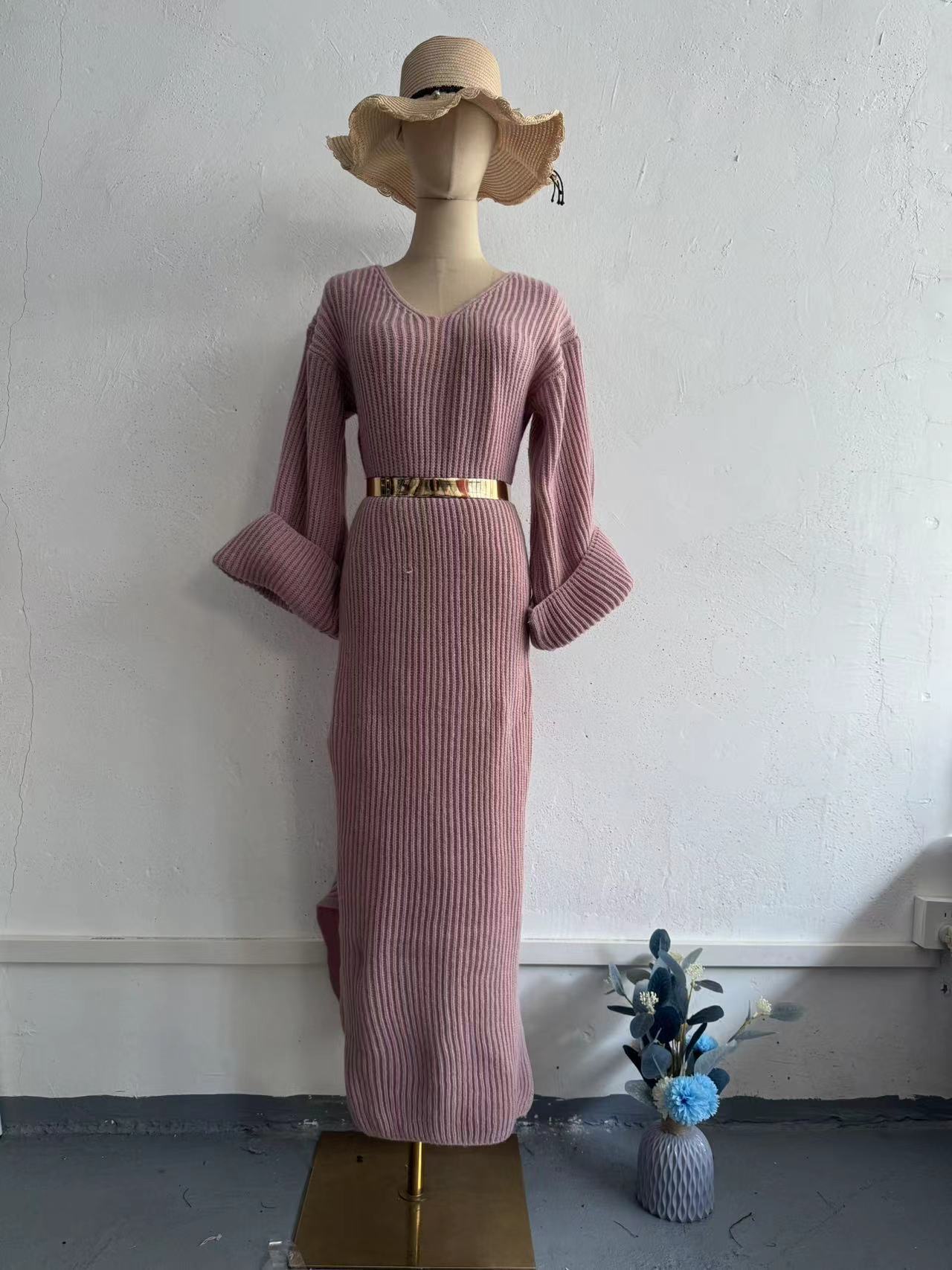 Knitted Pullover V-neck Long Slim Fit Dress