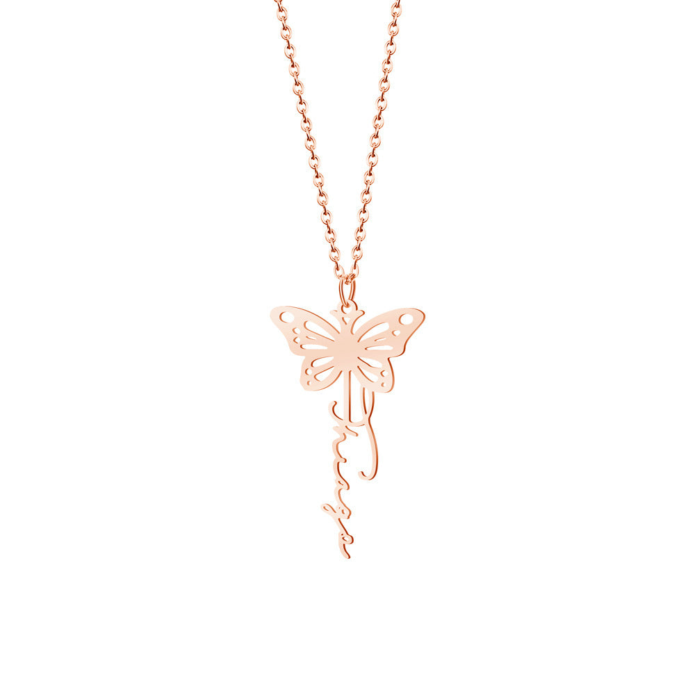 December Birthday Butterfly Name Necklace Titanium Steel Non Fading Collarbone Chain