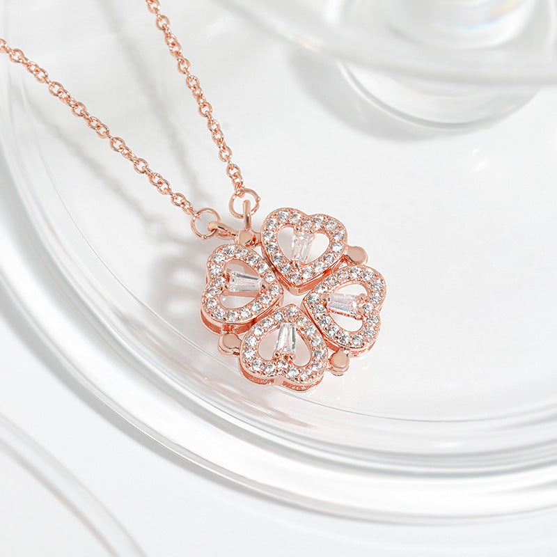 Dual-wear-style Love Heart Flowers Heart-shaped Four-leaf Clover Necklace