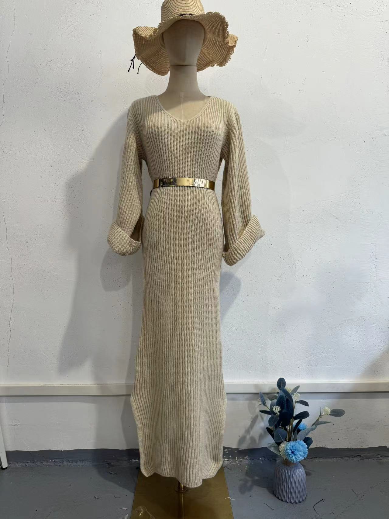 Knitted Pullover V-neck Long Slim Fit Dress