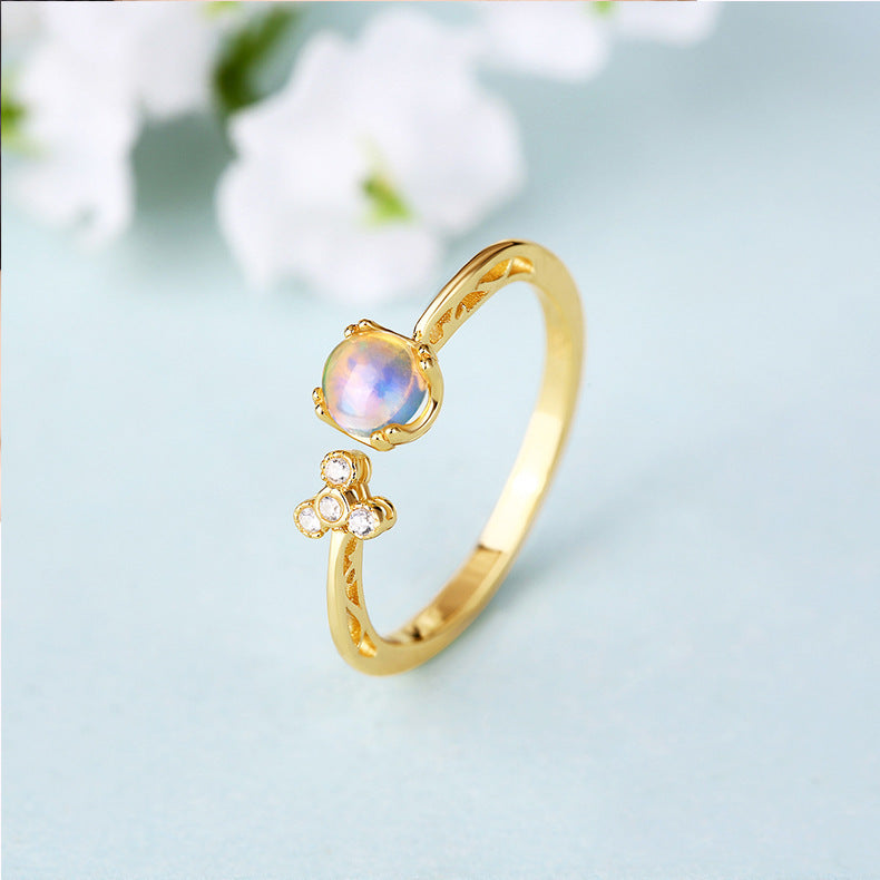 Women's Sterling Silver Natural Moonstone Openwork Diamond Ring