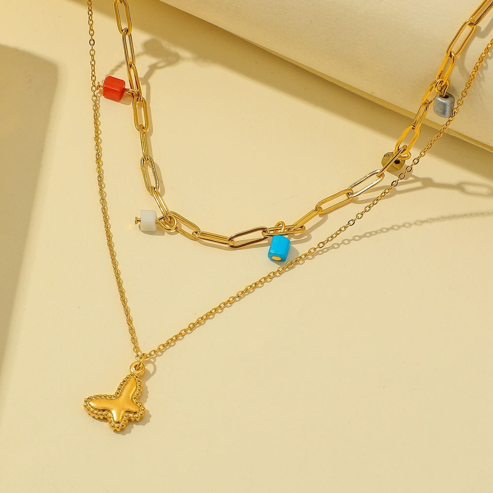 New Stainless Steel Colorful Bead Necklace Double Clavicle Chain Simple And Fashionable Butterfly Pendant