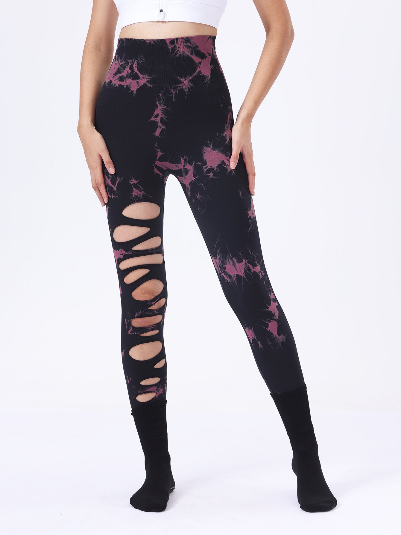 Butt Lifting Yoga Gym Athletic Pants, Hollow Out Tummy Control Sports Leggings Tie Dye Running Pants