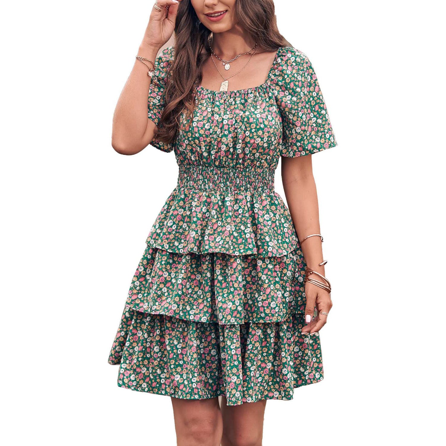 Women's Floral Skirt Square Collar Short Sleeve Layered Pleated Bohemian Dress
