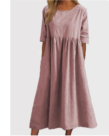 Women's Fashion Casual Cotton Linen Short Sleeve Pocket Dress