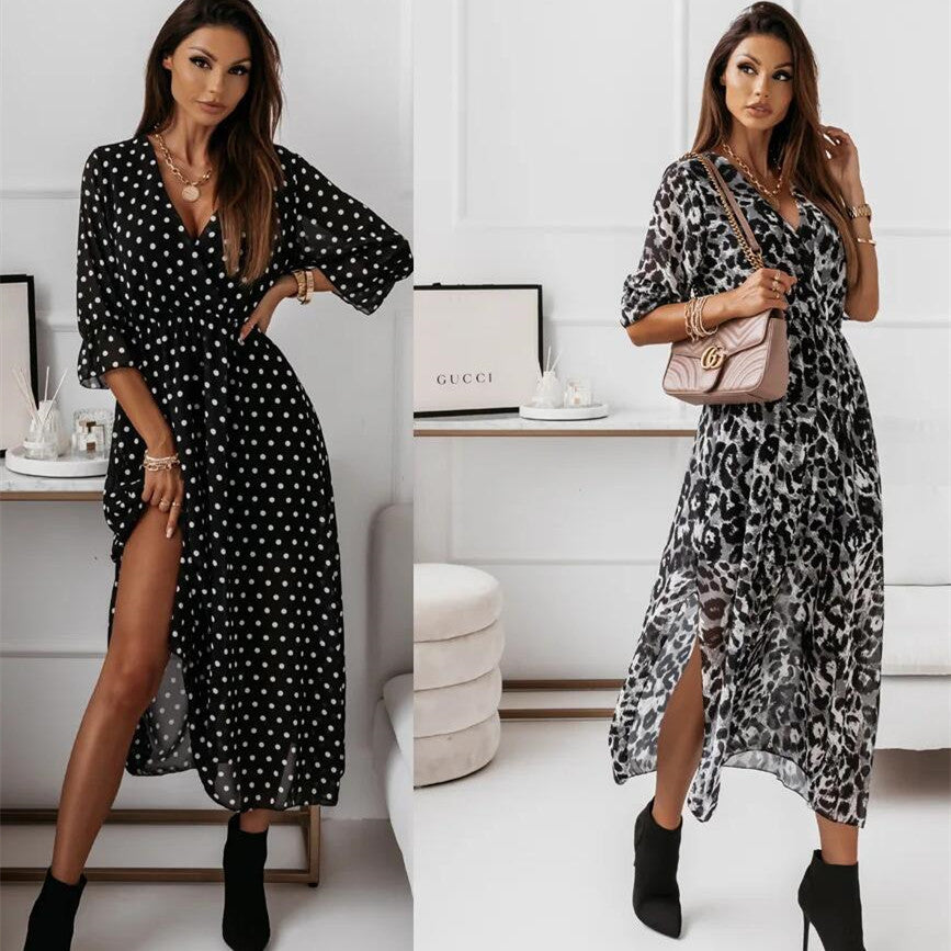Short Sleeve V-neck Printed Dress Elegant Women's Clothing