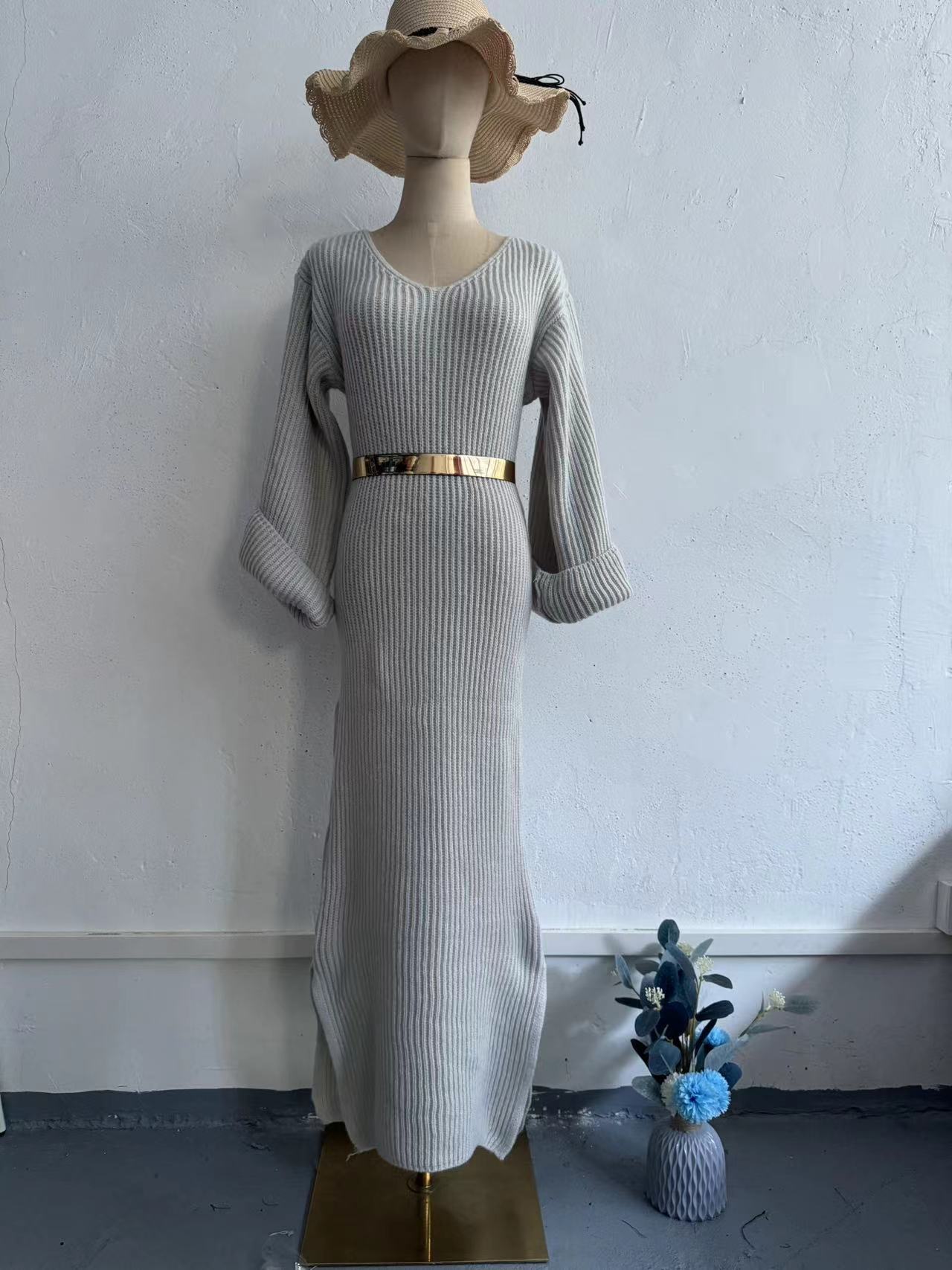 Knitted Pullover V-neck Long Slim Fit Dress