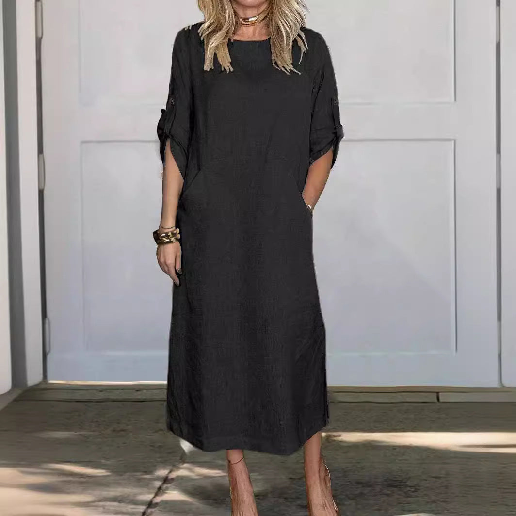 Women's Cotton And Linen Solid Color Casual Round-neck Long Dress