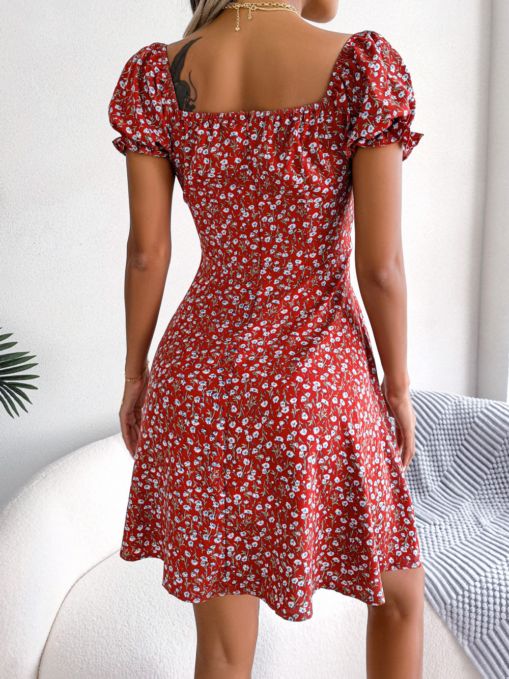 Flared Sleeve Drawstring Lace Floral Print Large Swing Dress